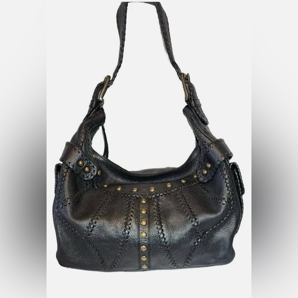 Isabella Fiore Black Studded Shoulder Bag with Brass Accents